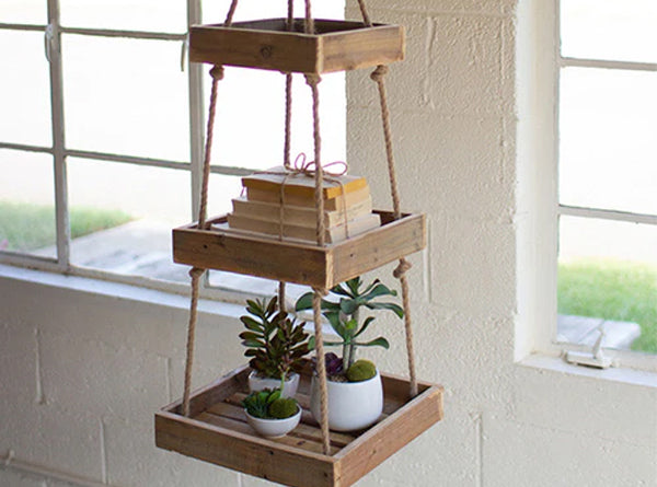 3-Tiered Hanging recycled wood display with jute rope